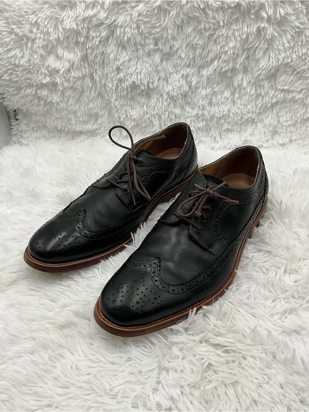 Bass Wingtip Shoes Size 10M Black Leather Oxford Dress Shoe w/ Brown Sole